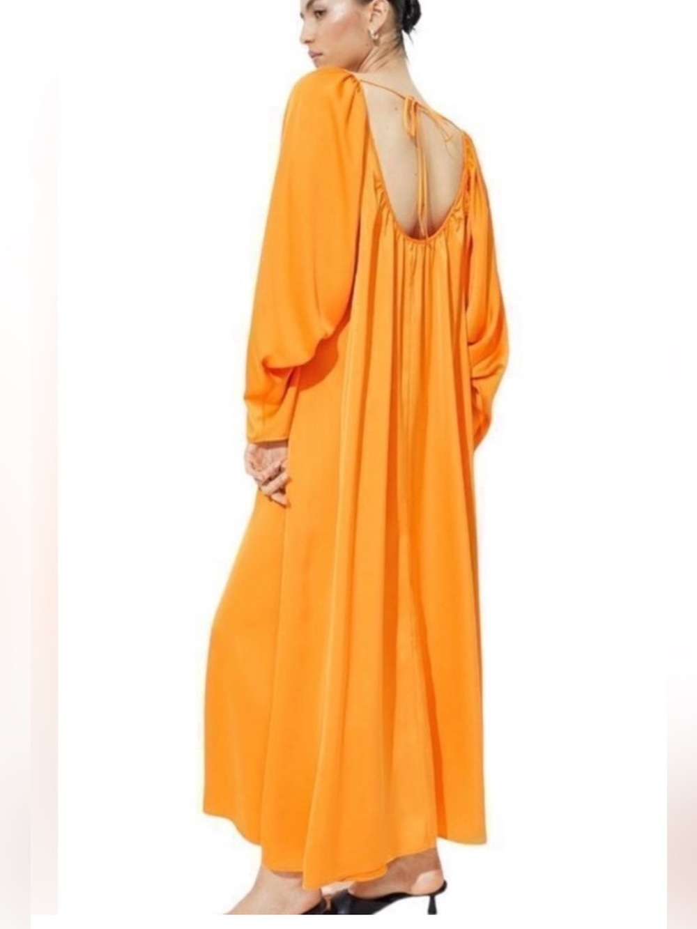 H&M Satin Oversized Orange Maxi Open Back Dress with Long Sleeve Size XL
